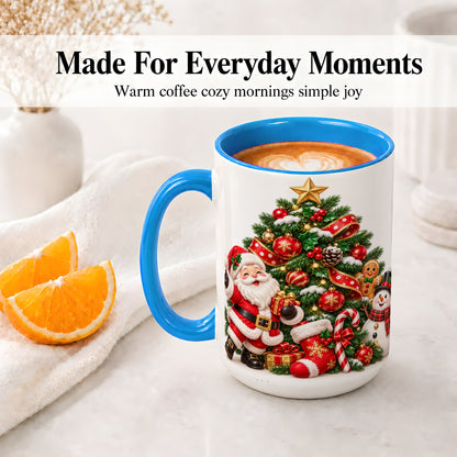 #pl[15oz|Blue] Santa Christmas Tree Accent Mug, Ceramic Cup with Festive Artwork