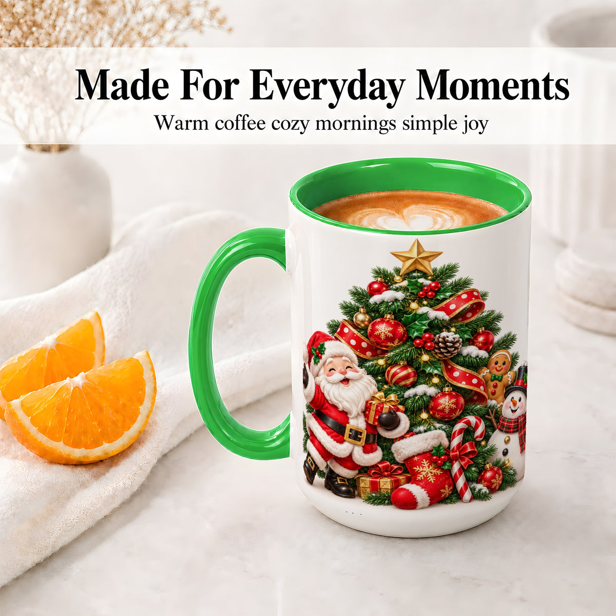 #pl[15oz|Green] Santa Christmas Tree Accent Mug, Ceramic Cup with Festive Artwork