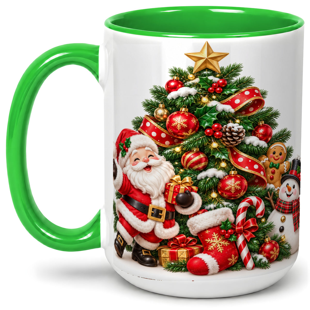 #pl[15oz|Green] Santa Christmas Tree Accent Mug, Ceramic Cup with Festive Artwork