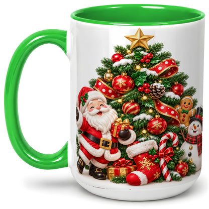 #pl[15oz|Green] Santa Christmas Tree Accent Mug, Ceramic Cup with Festive Artwork
