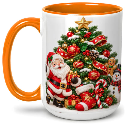 #pl[15oz|Orange] Santa Christmas Tree Accent Mug, Ceramic Cup with Festive Artwork