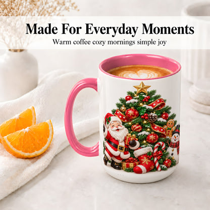 #pl[15oz|Pink] Santa Christmas Tree Accent Mug, Ceramic Cup with Festive Artwork