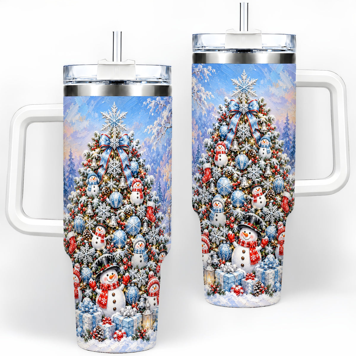 Blue Snowman Christmas Tumbler, 40oz Handled Stainless Steel Cup