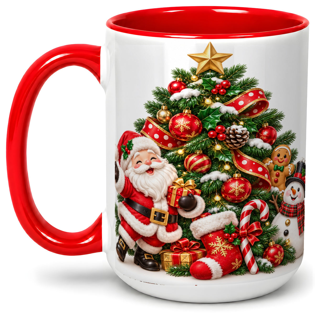 #pl[15oz|Red] Santa Christmas Tree Accent Mug, Ceramic Cup with Festive Artwork
