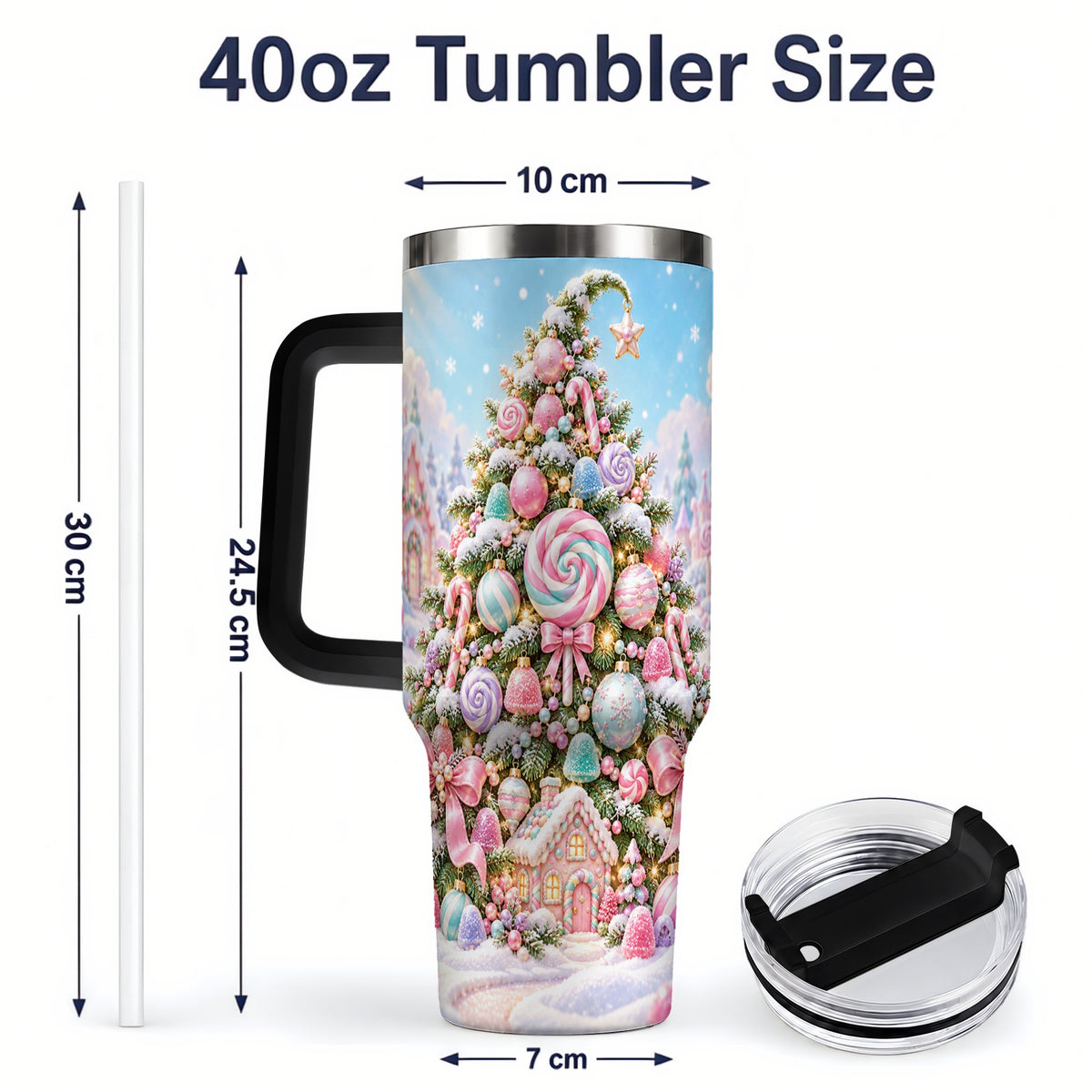 #pl[40oz|Black] Pastel Sweet Christmas Tumbler, 40oz Handled Stainless Steel Cup
