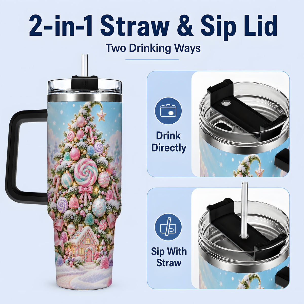 #pl[40oz|Black] Pastel Sweet Christmas Tumbler, 40oz Handled Stainless Steel Cup