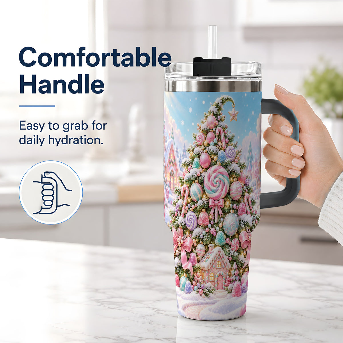 #pl[40oz|Black] Pastel Sweet Christmas Tumbler, 40oz Handled Stainless Steel Cup