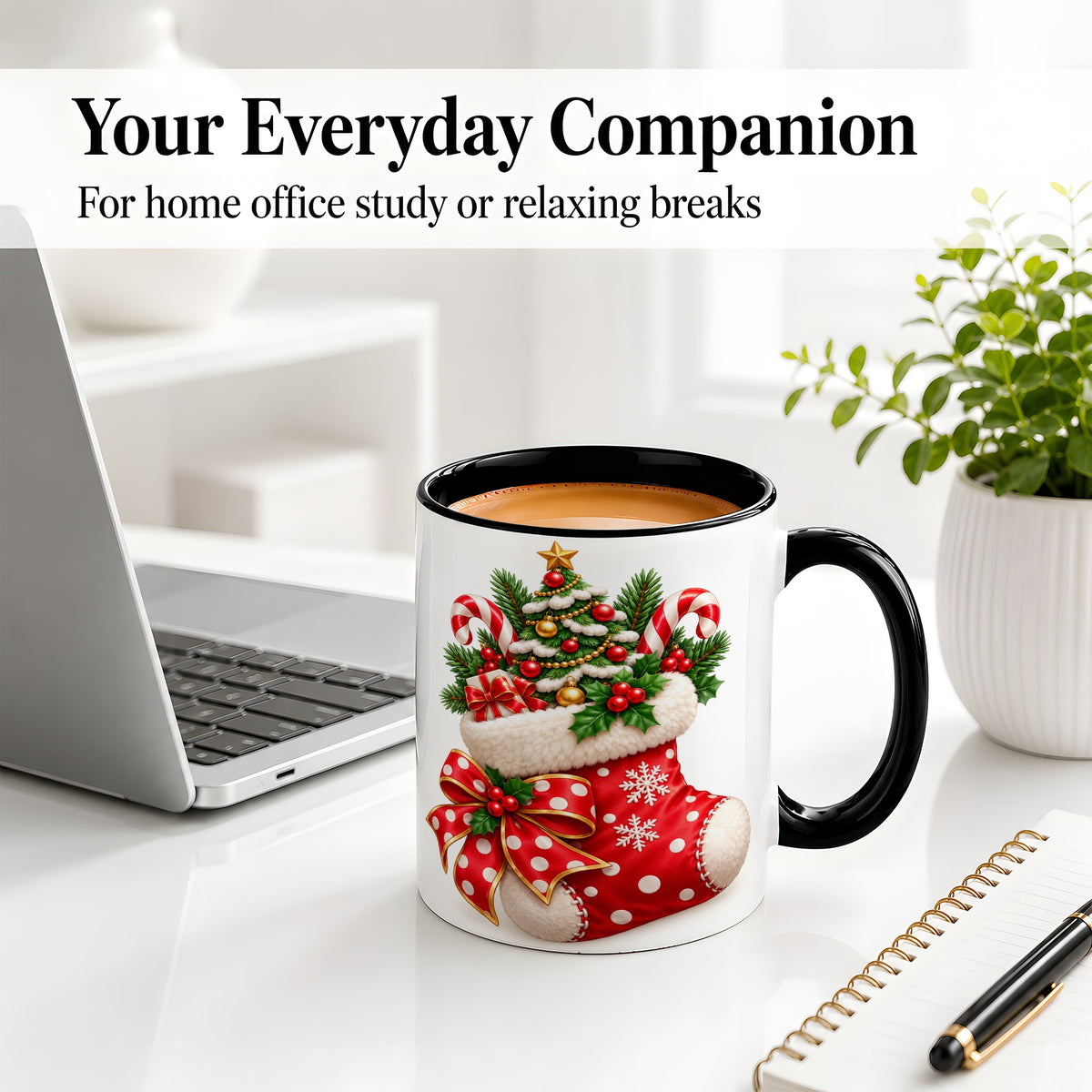 #pl[11oz|Black] Christmas Stocking Accent Mug, Ceramic Cup with Holiday Tree Art