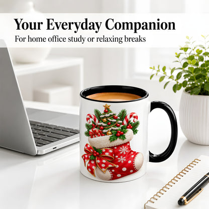 #pl[11oz|Black] Christmas Stocking Accent Mug, Ceramic Cup with Holiday Tree Art