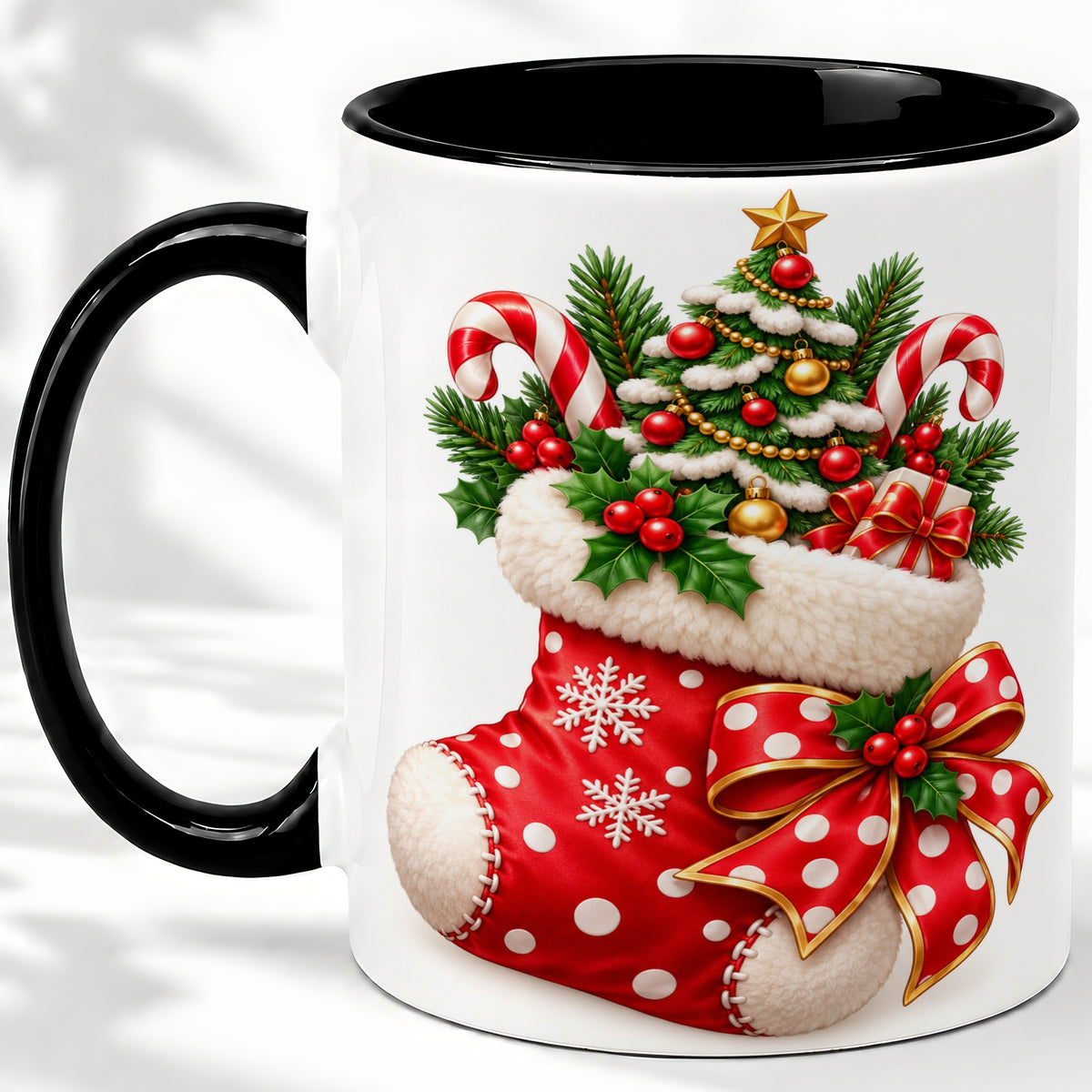 #pl[11oz|Black] Christmas Stocking Accent Mug, Ceramic Cup with Holiday Tree Art