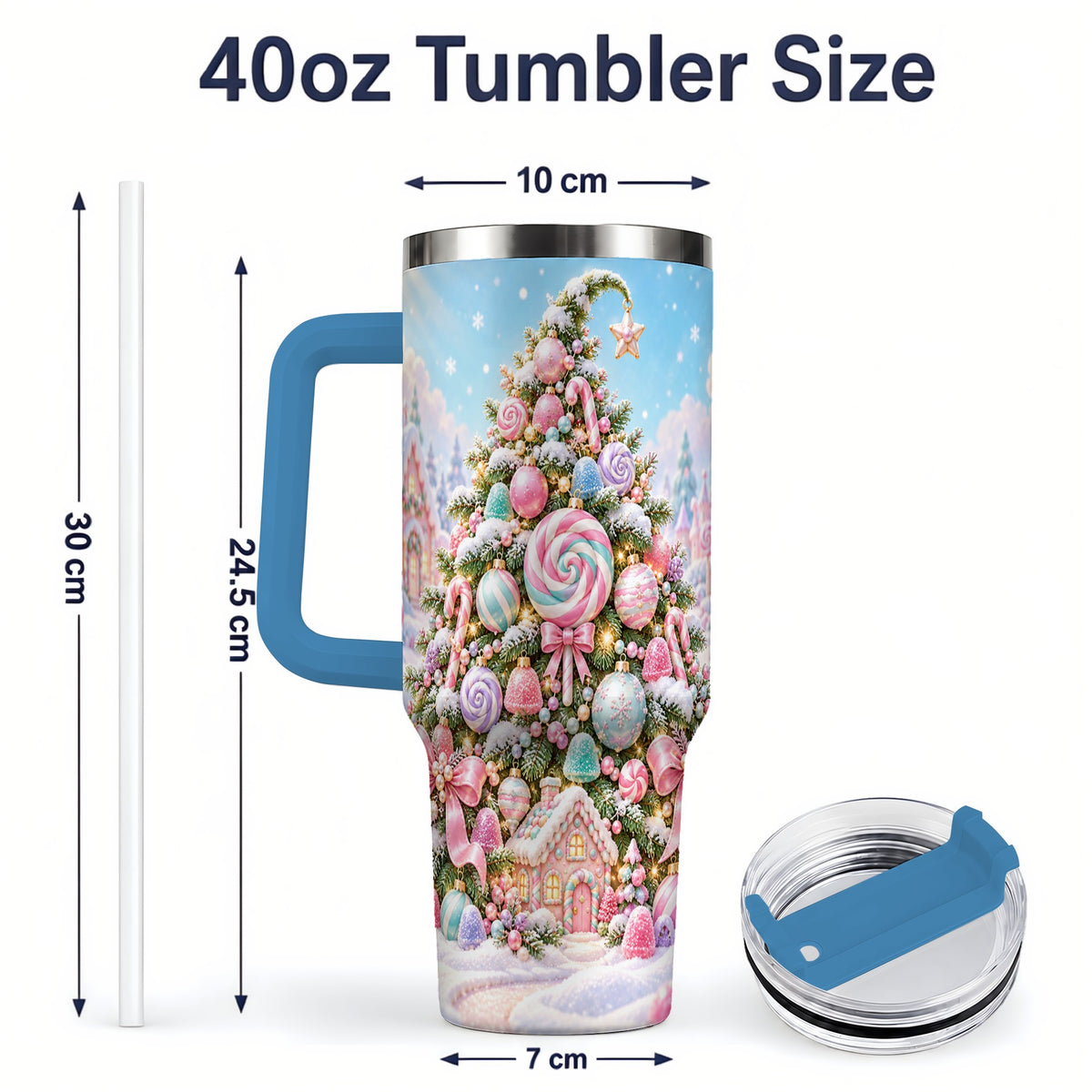 #pl[40oz|Blue] Pastel Sweet Christmas Tumbler, 40oz Handled Stainless Steel Cup