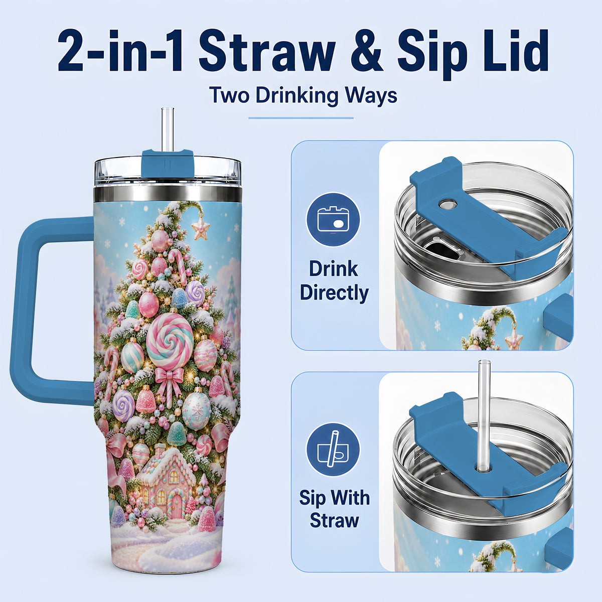 #pl[40oz|Blue] Pastel Sweet Christmas Tumbler, 40oz Handled Stainless Steel Cup