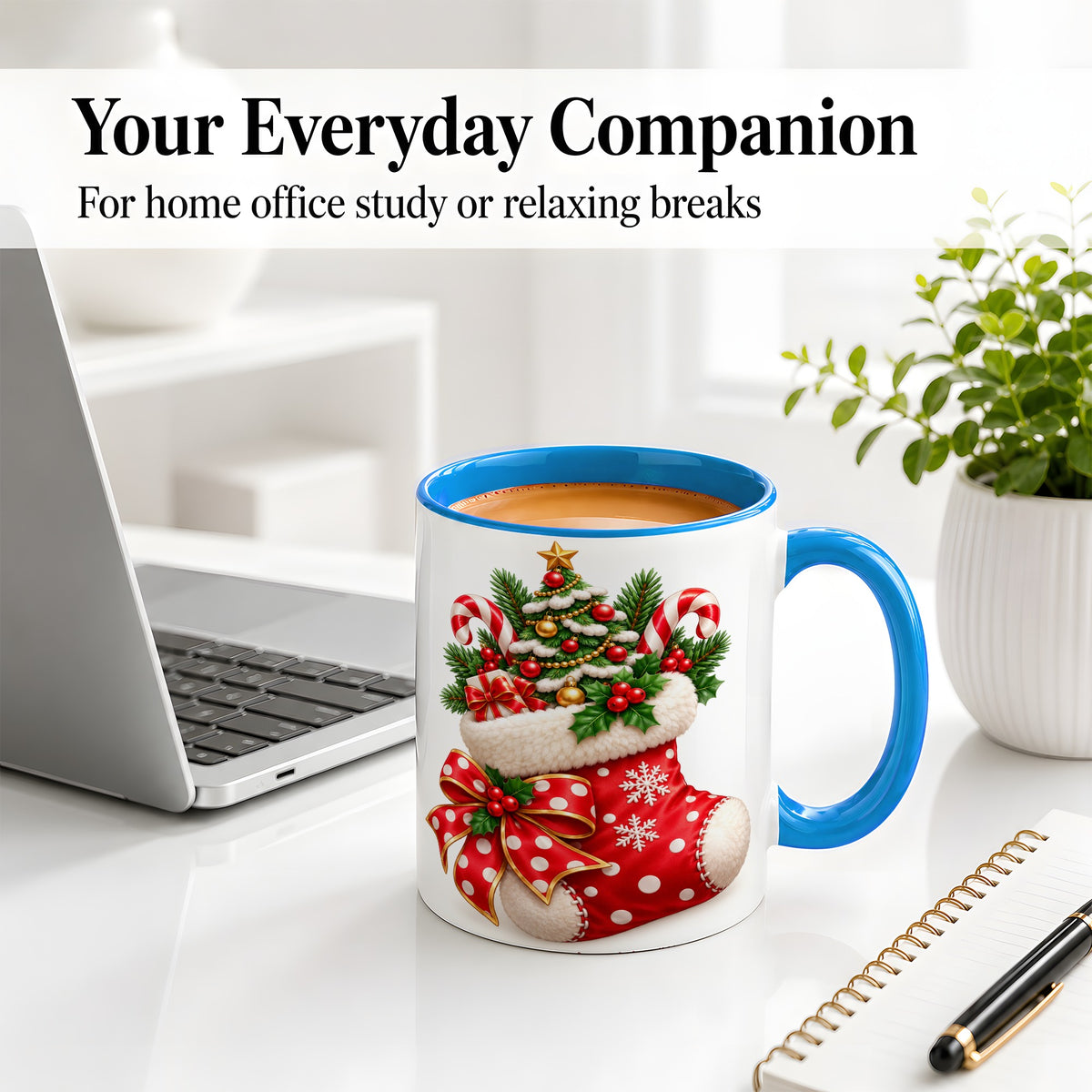 #pl[11oz|Blue] Christmas Stocking Accent Mug, Ceramic Cup with Holiday Tree Art