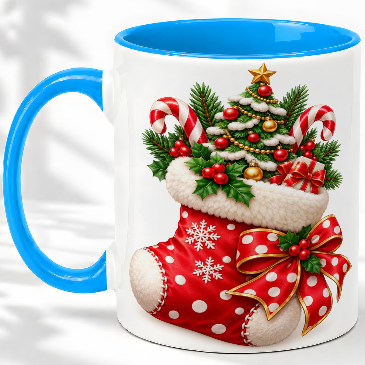 #pl[11oz|Blue] Christmas Stocking Accent Mug, Ceramic Cup with Holiday Tree Art