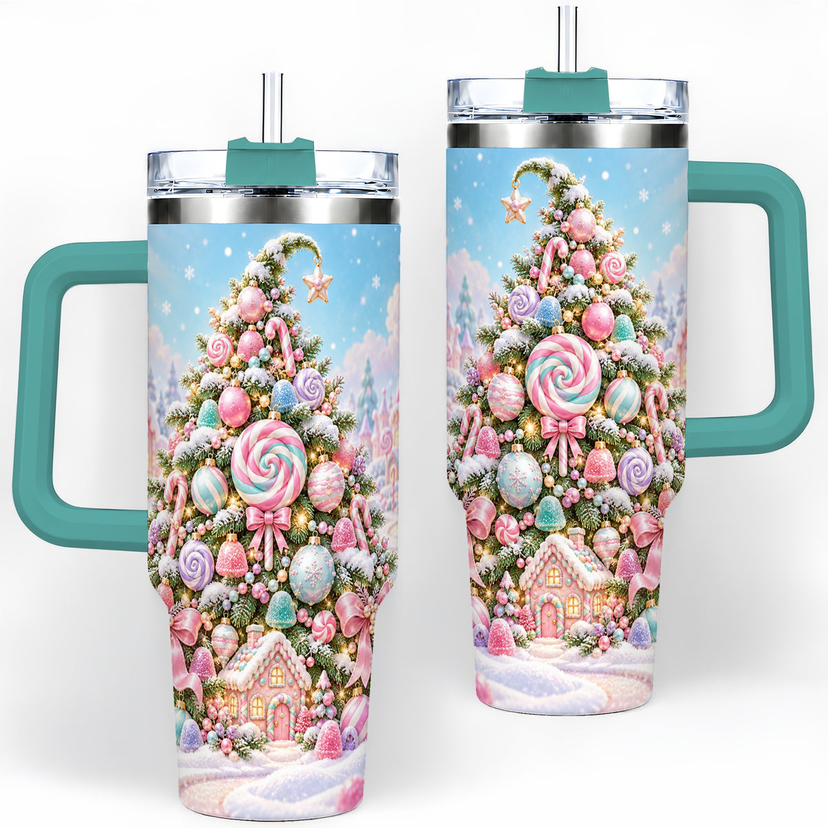 #pl[40oz|Green] Pastel Sweet Christmas Tumbler, 40oz Handled Stainless Steel Cup