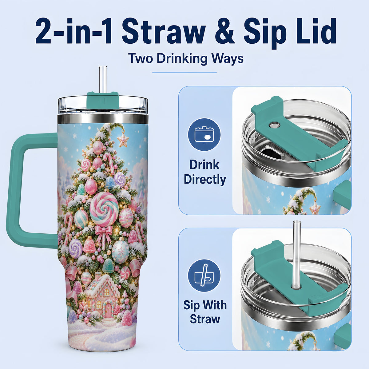 #pl[40oz|Green] Pastel Sweet Christmas Tumbler, 40oz Handled Stainless Steel Cup