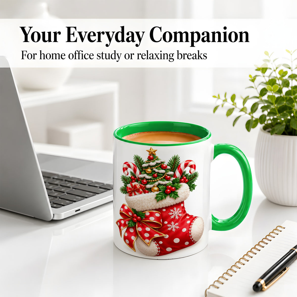 #pl[11oz|Green] Christmas Stocking Accent Mug, Ceramic Cup with Holiday Tree Art