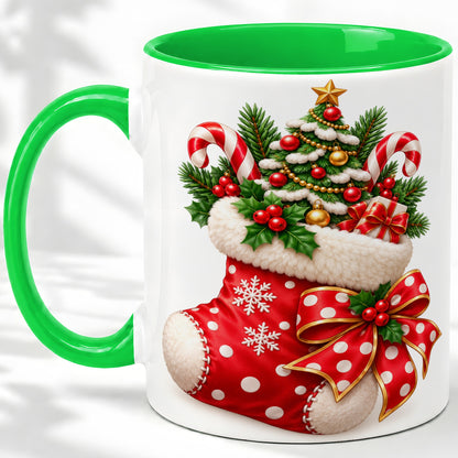 #pl[11oz|Green] Christmas Stocking Accent Mug, Ceramic Cup with Holiday Tree Art