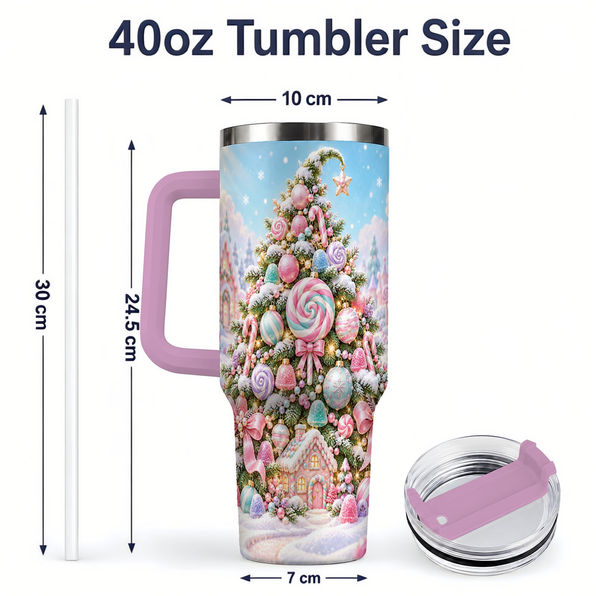 #pl[40oz|Pink] Pastel Sweet Christmas Tumbler, 40oz Handled Stainless Steel Cup