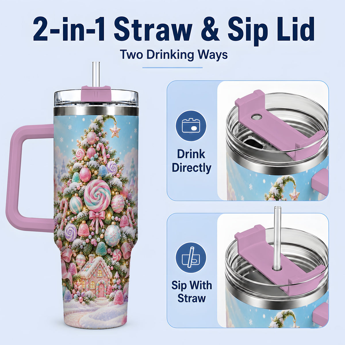 #pl[40oz|Pink] Pastel Sweet Christmas Tumbler, 40oz Handled Stainless Steel Cup