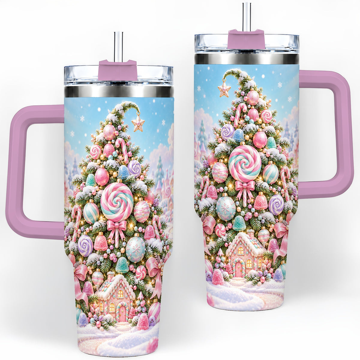 #pl[40oz|Pink] Pastel Sweet Christmas Tumbler, 40oz Handled Stainless Steel Cup