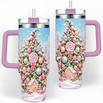 #pl[40oz|Pink] Pastel Sweet Christmas Tumbler, 40oz Handled Stainless Steel Cup