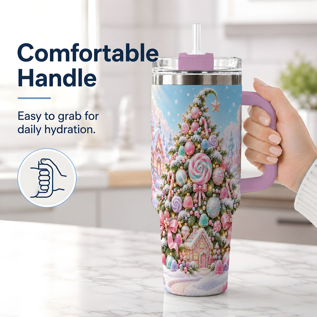 #pl[40oz|Pink] Pastel Sweet Christmas Tumbler, 40oz Handled Stainless Steel Cup