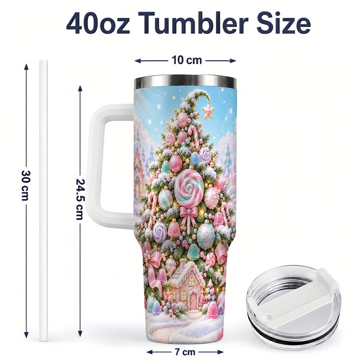#pl[40oz|White] Pastel Sweet Christmas Tumbler, 40oz Handled Stainless Steel Cup