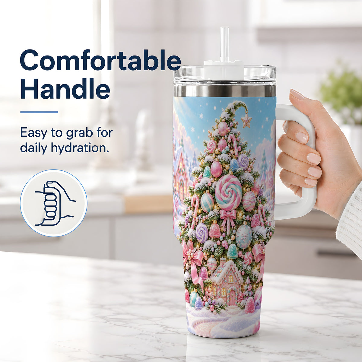 #pl[40oz|White] Pastel Sweet Christmas Tumbler, 40oz Handled Stainless Steel Cup