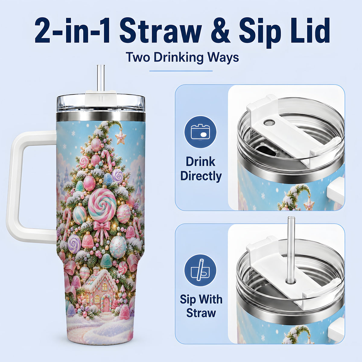#pl[40oz|White] Pastel Sweet Christmas Tumbler, 40oz Handled Stainless Steel Cup