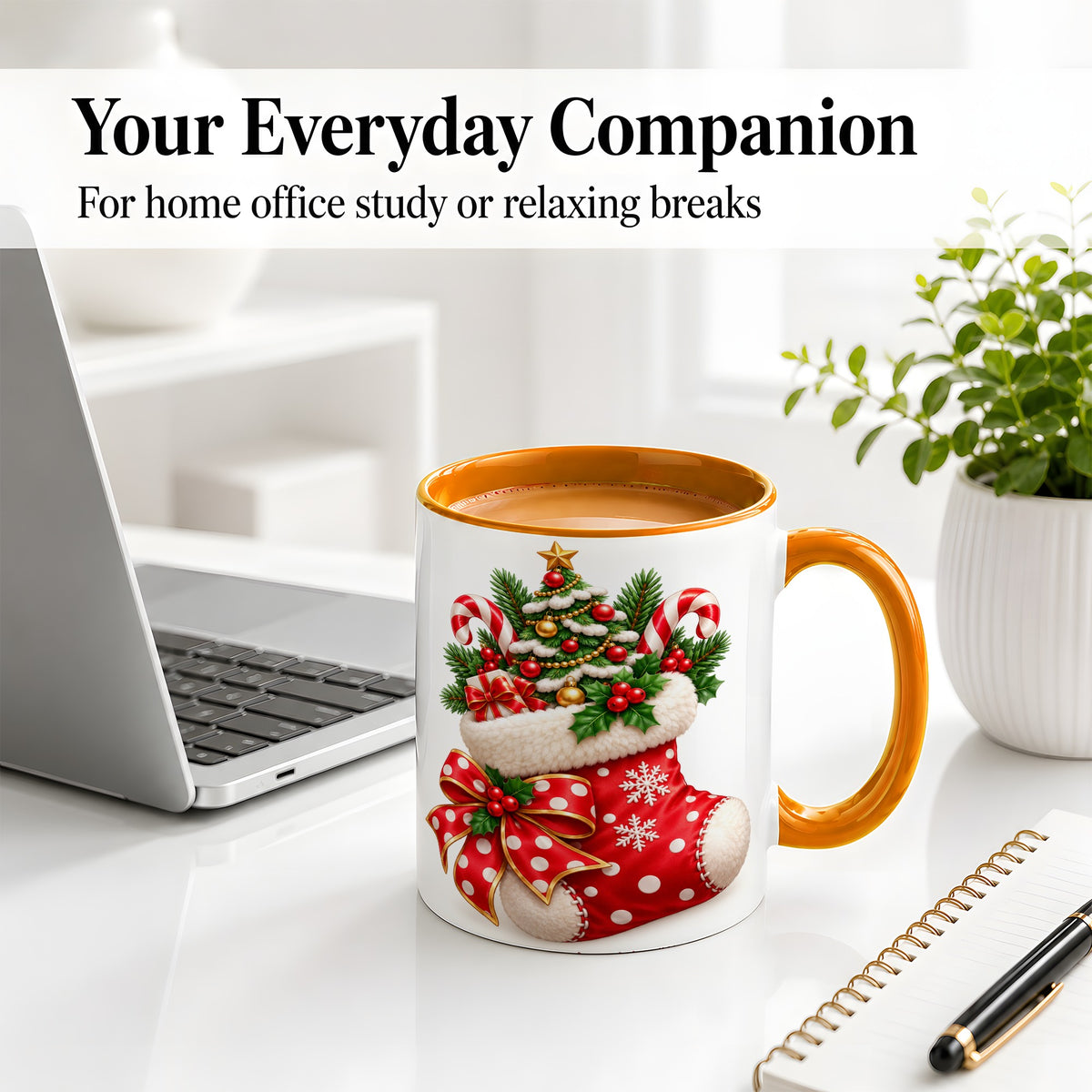 #pl[11oz|Orange] Christmas Stocking Accent Mug, Ceramic Cup with Holiday Tree Art