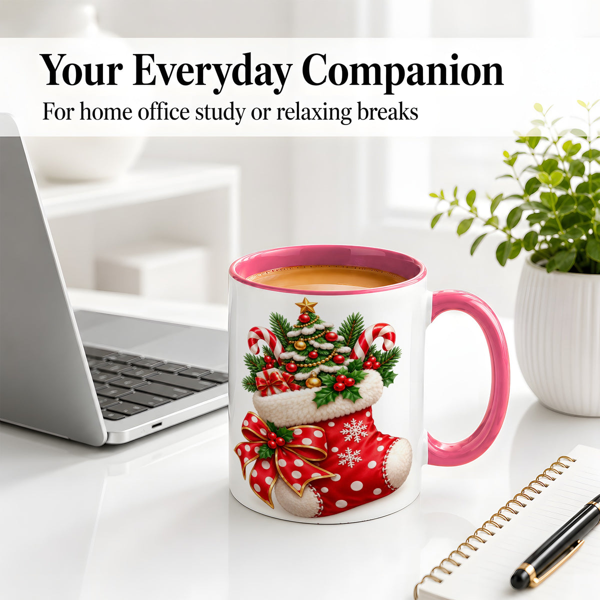 #pl[11oz|Pink] Christmas Stocking Accent Mug, Ceramic Cup with Holiday Tree Art