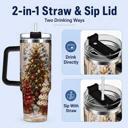#pl[40oz|Black] Rustic Patterned Christmas Tumbler, 40oz Handled Stainless Steel Cup