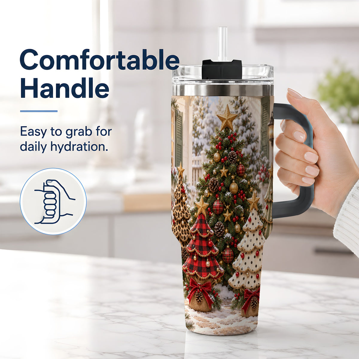 #pl[40oz|Black] Rustic Patterned Christmas Tumbler, 40oz Handled Stainless Steel Cup