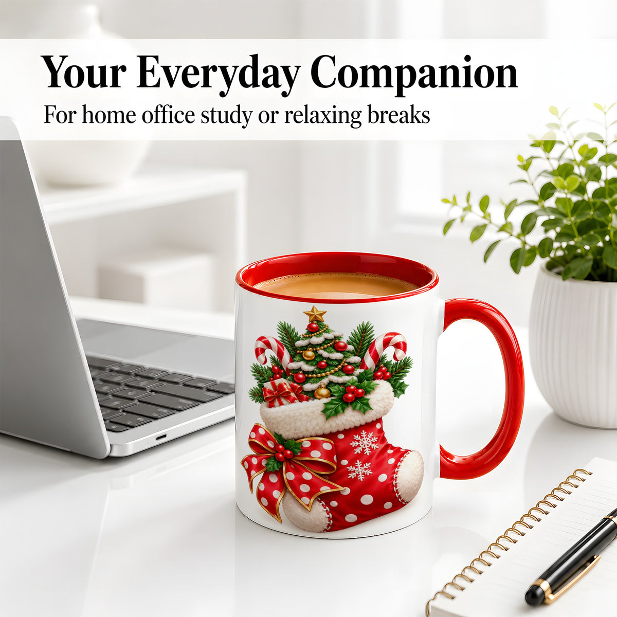 #pl[11oz|Red] Christmas Stocking Accent Mug, Ceramic Cup with Holiday Tree Art