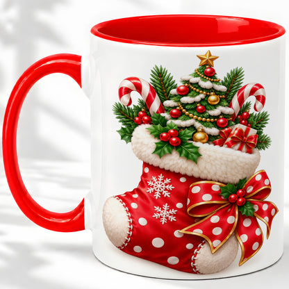 Christmas Stocking Accent Mug, Ceramic Cup with Holiday Tree Art