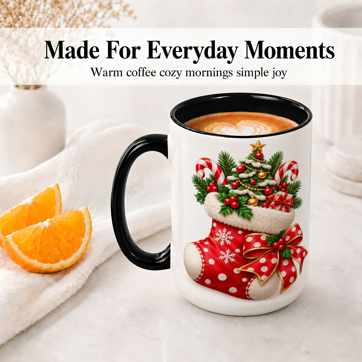 #pl[15oz|Black] Christmas Stocking Accent Mug, Ceramic Cup with Holiday Tree Art