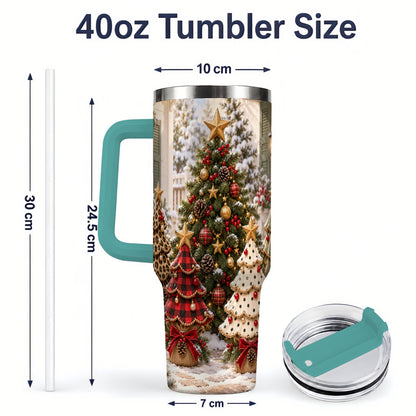 #pl[40oz|Green] Rustic Patterned Christmas Tumbler, 40oz Handled Stainless Steel Cup