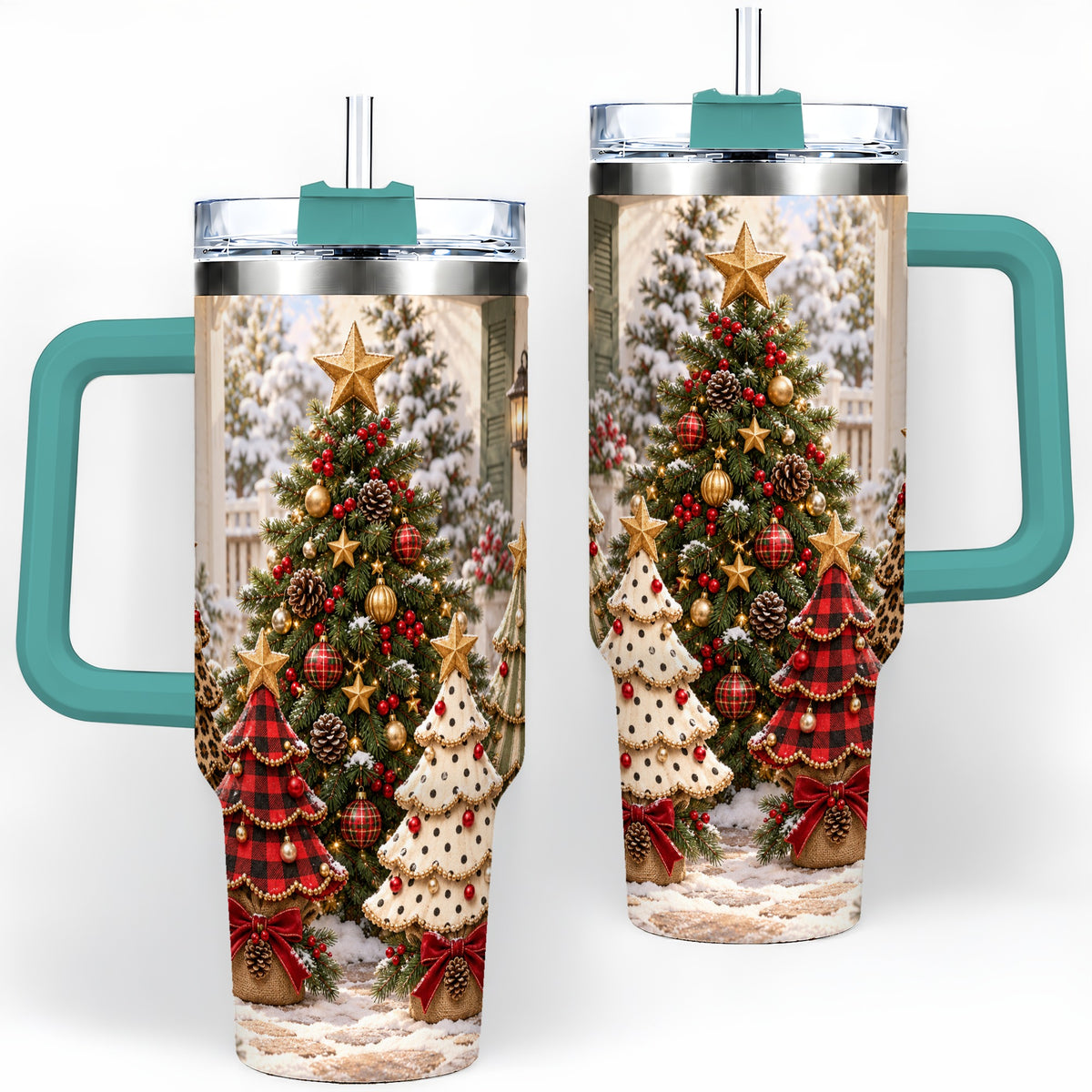 #pl[40oz|Green] Rustic Patterned Christmas Tumbler, 40oz Handled Stainless Steel Cup