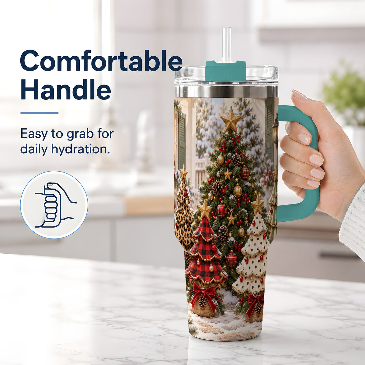 #pl[40oz|Green] Rustic Patterned Christmas Tumbler, 40oz Handled Stainless Steel Cup