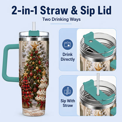 #pl[40oz|Green] Rustic Patterned Christmas Tumbler, 40oz Handled Stainless Steel Cup