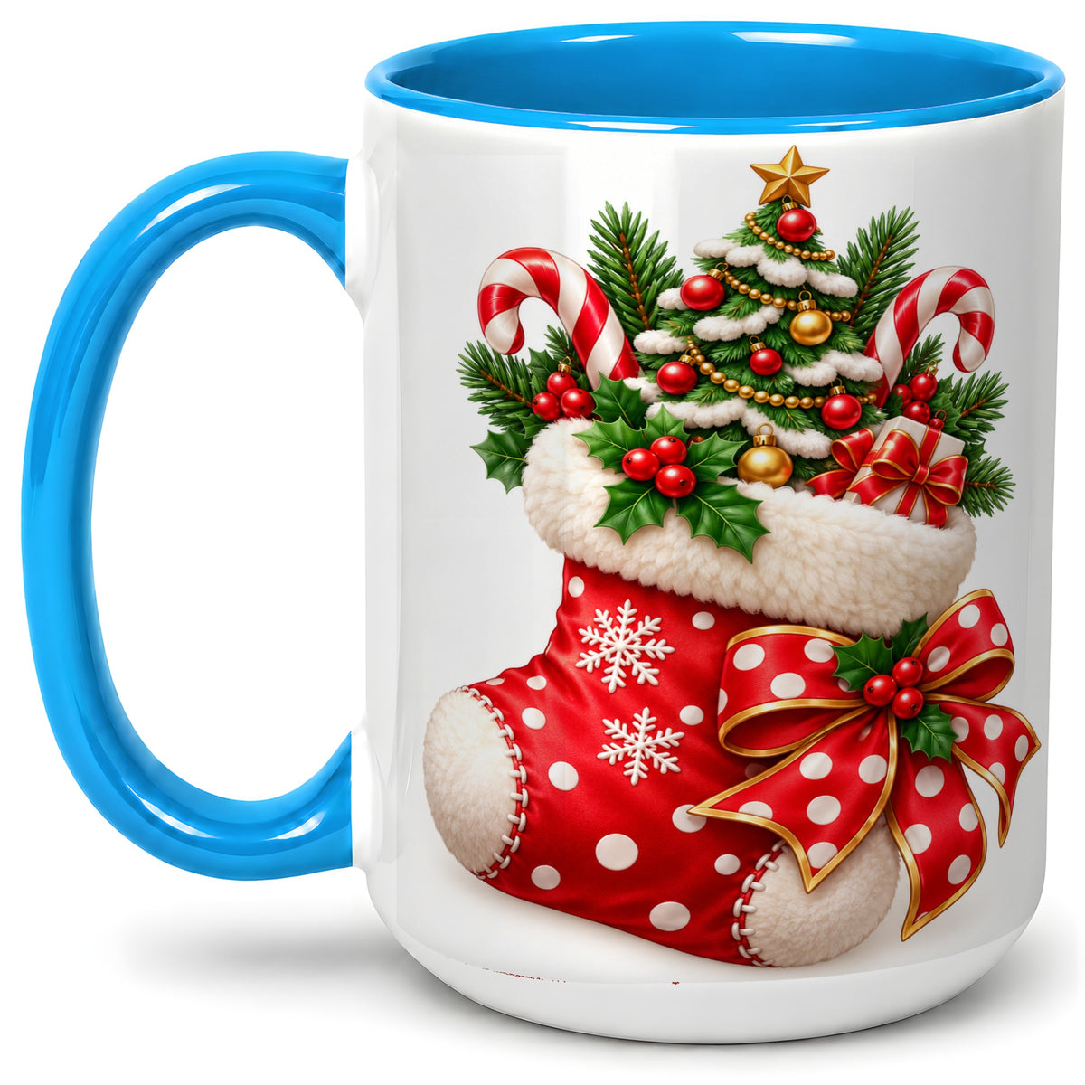 #pl[15oz|Blue] Christmas Stocking Accent Mug, Ceramic Cup with Holiday Tree Art