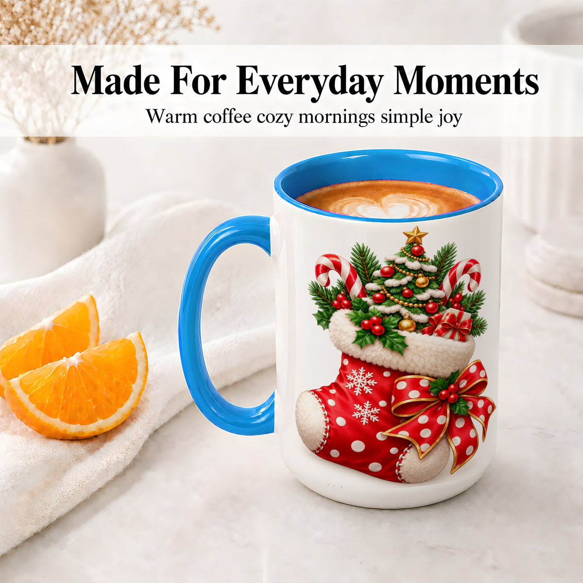#pl[15oz|Blue] Christmas Stocking Accent Mug, Ceramic Cup with Holiday Tree Art