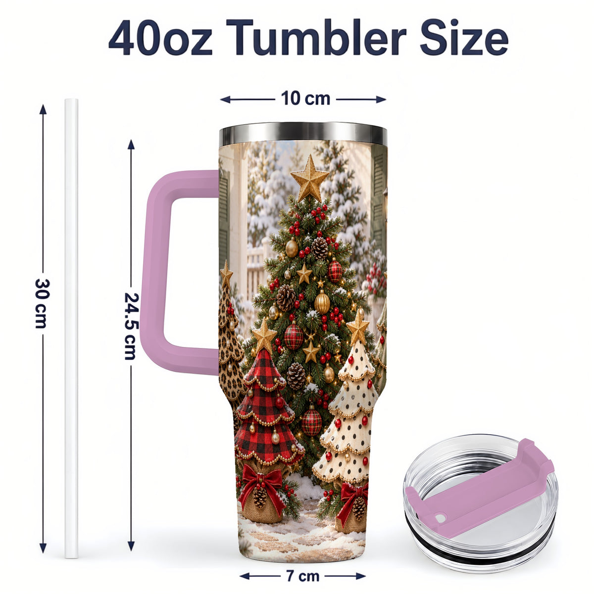 #pl[40oz|Pink] Rustic Patterned Christmas Tumbler, 40oz Handled Stainless Steel Cup