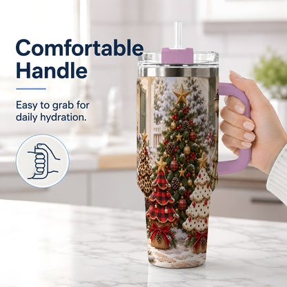 #pl[40oz|Pink] Rustic Patterned Christmas Tumbler, 40oz Handled Stainless Steel Cup