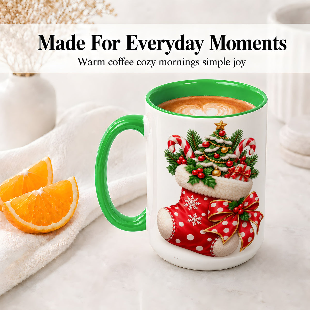 #pl[15oz|Green] Christmas Stocking Accent Mug, Ceramic Cup with Holiday Tree Art