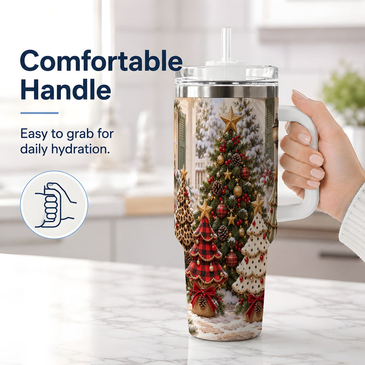 #pl[40oz|White] Rustic Patterned Christmas Tumbler, 40oz Handled Stainless Steel Cup
