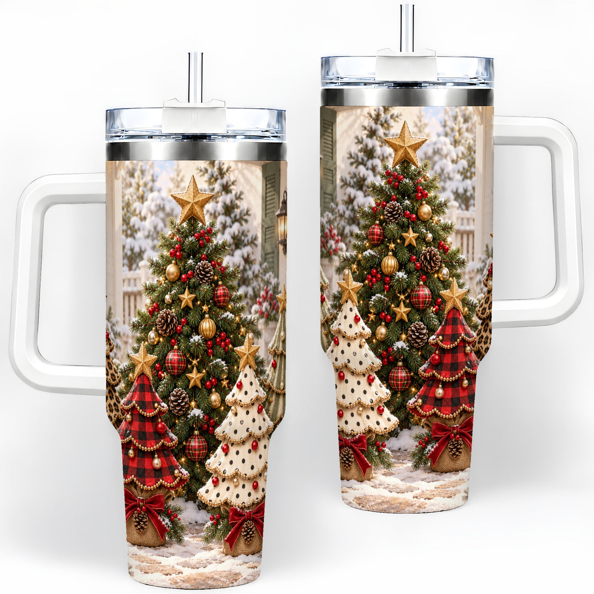 Rustic Patterned Christmas Tumbler, 40oz Handled Stainless Steel Cup