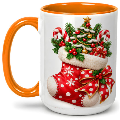 #pl[15oz|Orange] Christmas Stocking Accent Mug, Ceramic Cup with Holiday Tree Art
