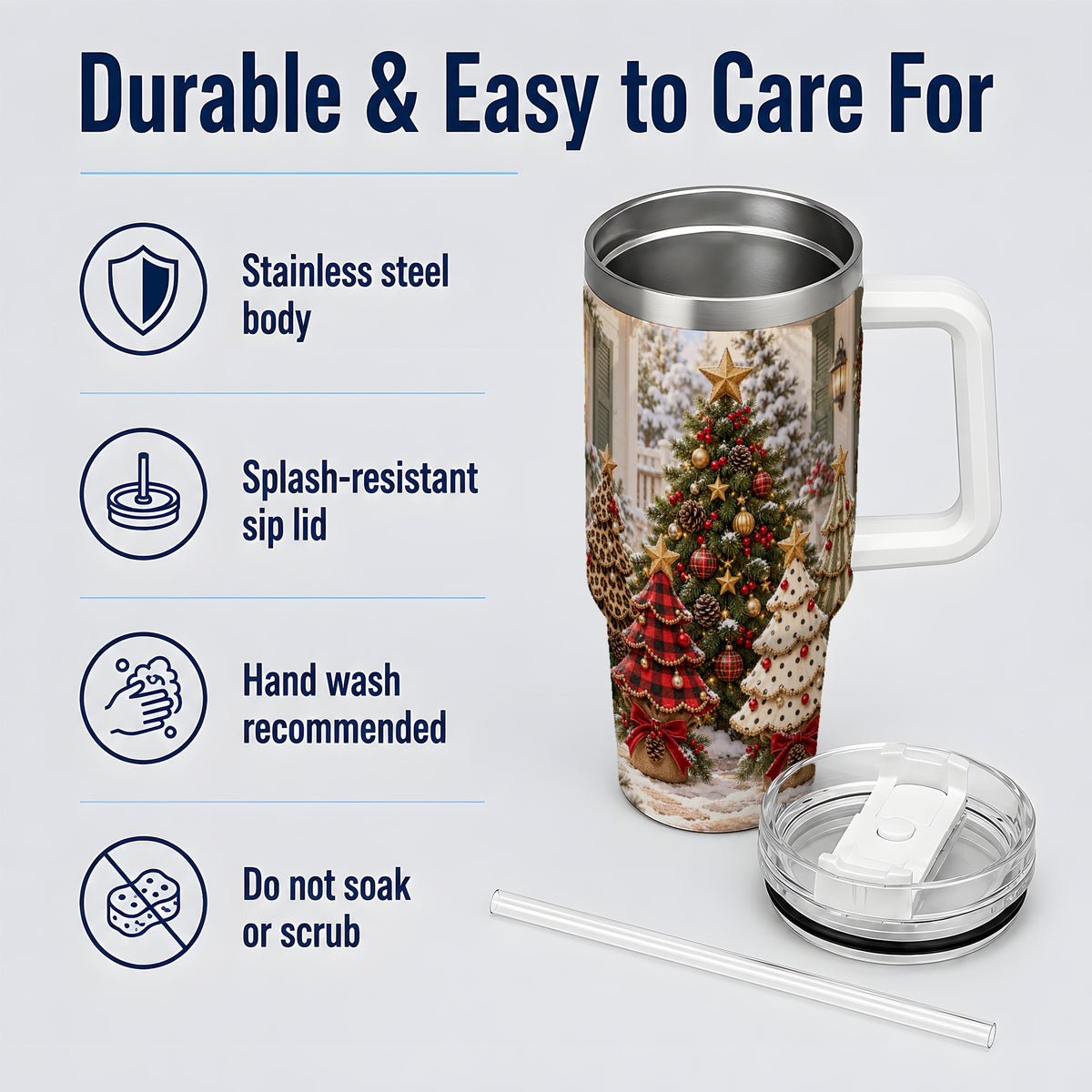 Rustic Patterned Christmas Tumbler, 40oz Handled Stainless Steel Cup
